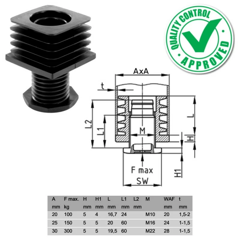 Polyamide 6 (PA 6) 4x Pied De Meuble Tube Carré Réglable Plastique 20MM 25MM 30MM Embout Ajustable Rentrant Outillage 4 Polyamide 6 (PA 6) 4x Pied De Meuble Tube Carré Réglable Plastique 20MM 25MM 30MM Embout Ajustable Rentrant Outillage – Image 2